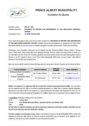 RFQ 60/2026 - PROVISION OF REPAIRS AND MAINTENANCE AT THE LEEU-GAMKA MUNICIPAL OFFICES