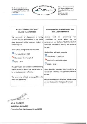 Administration Day Ward 2, Klaarstroom