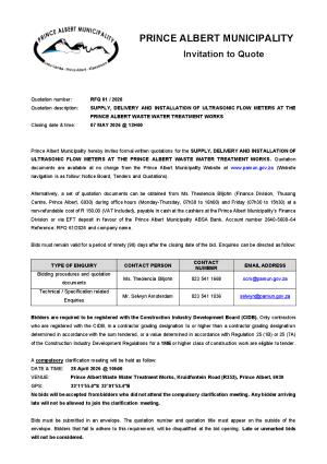RFQ 61/2026 - SUPPLY, DELIVERY AND INSTALLATION OF ULTRASONIC FLOW METERS AT THE PRINCE ALBERT WASTE WATER TREATMENT WORKS