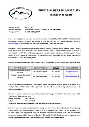 RFQ 62/2026 - SUPPLY AND DELIVERY OF SMALL PLANT MACHINERY