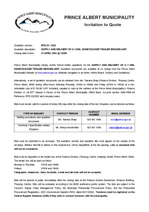 RFQ 63/2026 - SUPPLY AND DELIVERY OF A 2 000L HONEYSUCKER TRAILER BRAKED-UNIT
