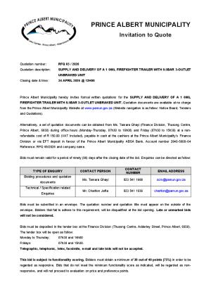 RFQ 65/2026 - SUPPLY AND DELIVERY OF A 1 000L FIREFIGHTER TRAILER WITH 9.5BAR 3-OUTLET UNBRAKED UNIT