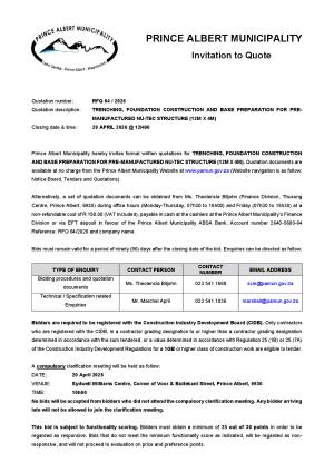 RFQ 64/2026 - TRENCHING, FOUNDATION CONSTRUCTION AND BASE PREPARATION FOR PRE-MANUFACTURED NU-TEC STRUCTURE (12M X 4M)