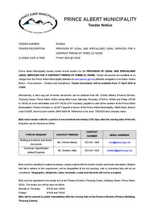 TENDER 55/2026 - PROVISION OF LEGAL AND SPECIALISED LEGAL SERVICES FOR A CONTRACT PERIOD OF THREE (3) YEARS