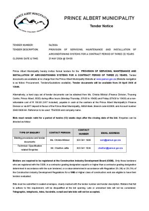 TENDER 56/2026 - PROVISION OF SERVICING, MAINTENANCE AND INSTALLATION OF AIRCONDITIONING SYSTEMS FOR A CONTRACT PERIOD OF THREE (3) YEARS