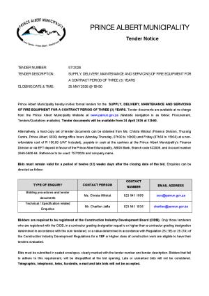 TENDER 57/2026 - SUPPLY, DELIVERY, MAINTENANCE AND SERVICING OF FIRE EQUIPMENT FOR A CONTRACT PERIOD OF THREE (3) YEARS