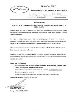 WC052_Notice 68 of 2026_Disposal of Municipal Fixed Assets in Leeu-Gamka