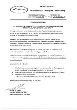 WC052_Notice 68 of 2026_Disposal of Municipal Fixed Assets in Leeu-Gamka_Afrikaans