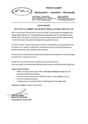 Notice 69 of 2026 - Draft Special Ratings Area By-Law