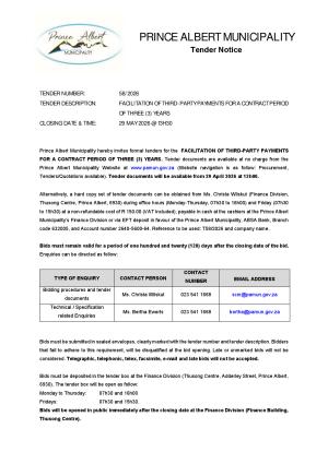 TENDER 58/2026 - FACILITATION OF THIRD-PARTY PAYMENTS FOR A CONTRACT PERIOD OF THREE (3) YEARS