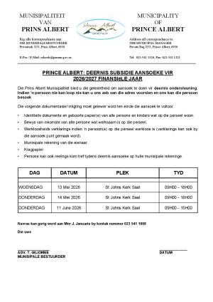 2026/2027 Deernis Subsidie Aansoeke Datums / Indigent Subsidy Application Dates