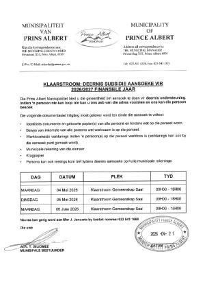 Klaarstroom Deernis Aansoeke advertensie 2026-27