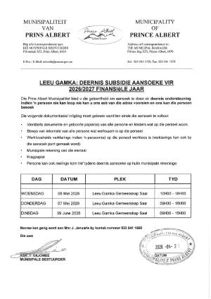 Leeu Gamka Deernis Aansoeke advertensie 2026-27