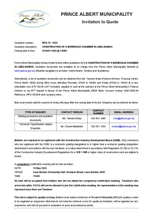 RFQ 78/2026 - CONSTRUCTION OF A BOREHOLE CHAMBER IN LEEU-GAMKA