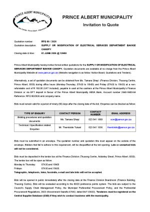 RFQ 80/2026 - SUPPLY OR MODIFICATION OF ELECTRICAL SERVICES DEPARTMENT BAKKIE CANOPY