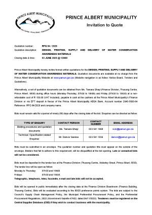 RFQ 84/2026 - DESIGN, PRINTING, SUPPLY AND DELIVERY OF WATER CONSERVATION AWARENESS MATERIALS