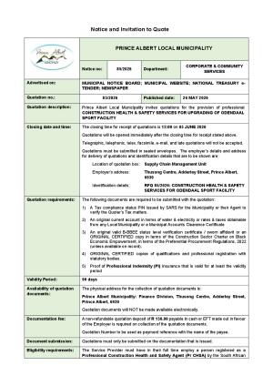 RFQ 85/2026 - CONSTRUCTION HEALTH & SAFETY SERVICES FOR UPGRADING OF ODENDAAL SPORT FACILITY