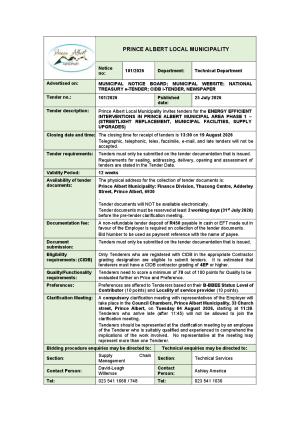 TENDER 101/2026 - ENERGY EFFICIENT INTERVENTIONS IN PRINCE ALBERT MUNICIPAL AREA PHASE 1 – (STREETLIGHT REPLACEMENT, MUNICIPAL FACILITIES, SUPPLY UPGRADES)
