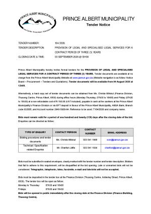 TENDER 104/2026 - PROVISION OF LEGAL AND SPECIALISED LEGAL SERVICES FOR A CONTRACT PERIOD OF THREE (3) YEARS