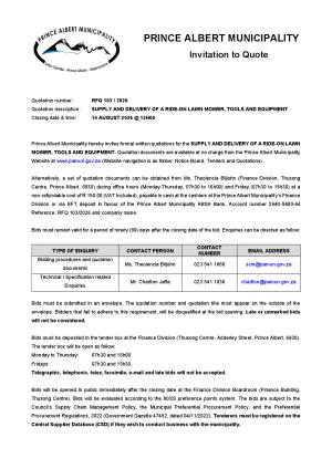 RFQ 103/2026 - SUPPLY AND DELIVERY OF A RIDE-ON LAWN MOWER, TOOLS AND EQUIPMENT