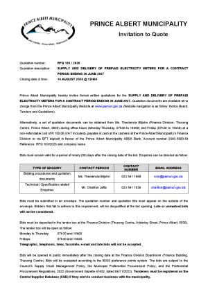 RFQ 105/2026 - SUPPLY AND DELIVERY OF PREPAID ELECTRICITY METERS FOR A CONTRACT PERIOD ENDING 30 JUNE 2027