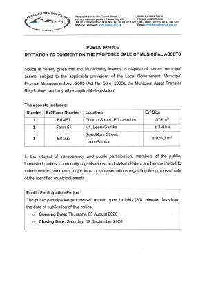 PUBLIC NOTICE - INVITATION TO COMMENT ON THE PROPOSED SALE OF MUNICIPAL ASSETS
