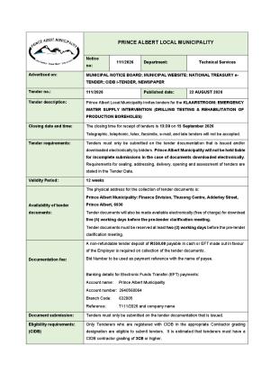 TENDER 111/2026 - KLAARSTROOM: EMERGENCY WATER SUPPLY INTERVENTION (DRILLING TESTING & REHABILITATION OF PRODUCTION BOREHOLES)