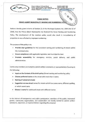 Naming and numbering policy
