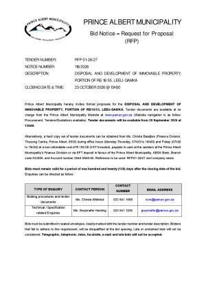 REQUEST FOR PROPOSAL (RFP) - DISPOSAL AND DEVELOPMENT OF IMMOVABLE PROPERTY, PORTION OF RE/16/55, LEEU-GAMKA