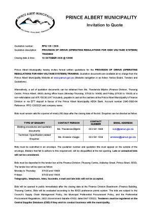 RFQ 128/2026 - PROVISION OF ORHVS (OPERATING REGULATIONS FOR HIGH VOLTAGE SYSTEMS) TRAINING