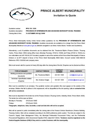 RFQ 130/2026 - PROVISION OF INTERMEDIATE AND ADVANCED MICROSOFT EXCEL TRAINING