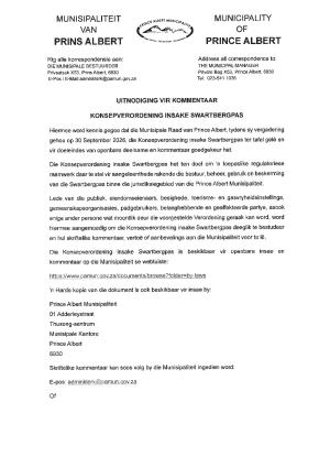 Uitnodiging Vir Kommentaar - Konsepverordening Insake Swartbergpas